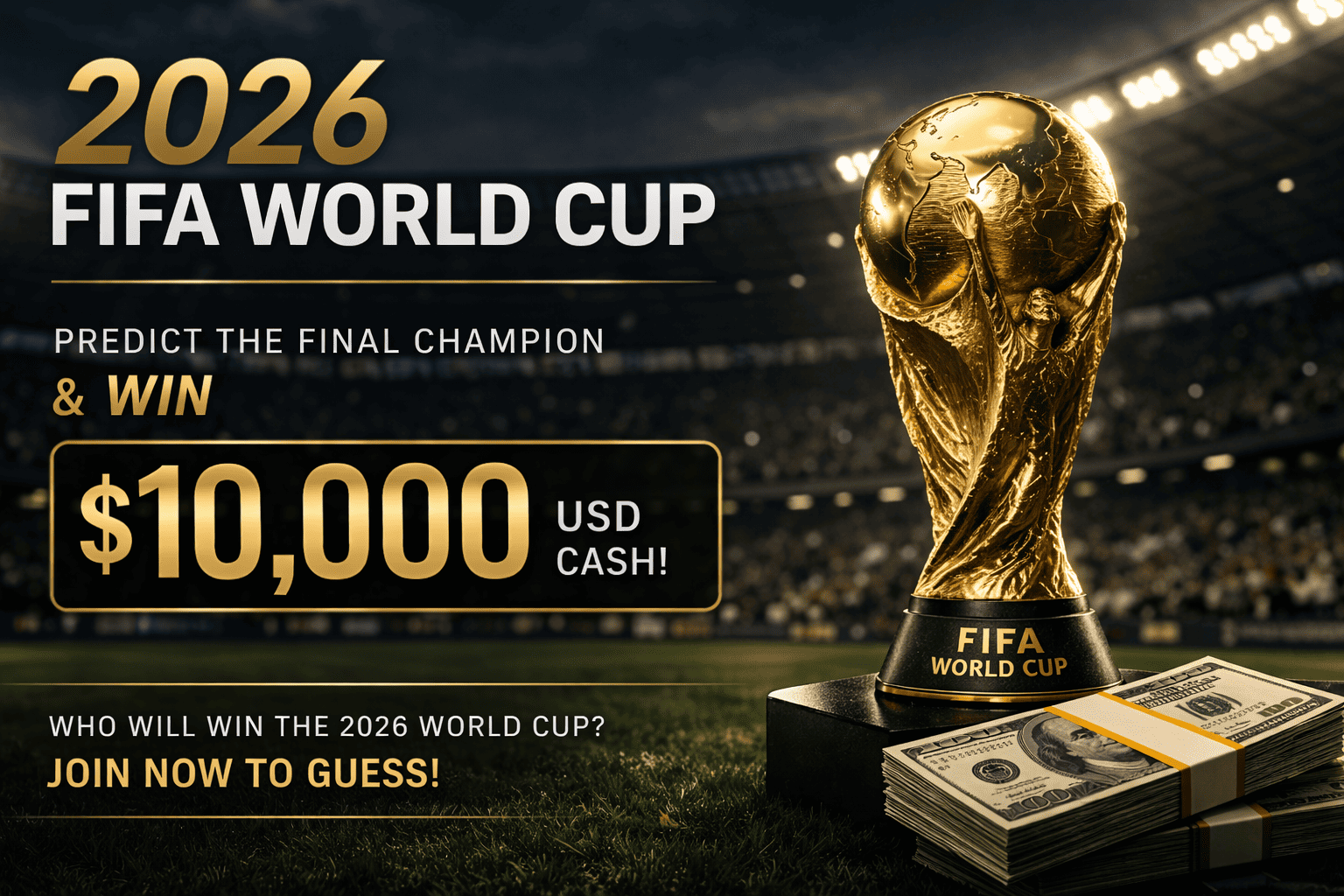 2026 FIFA World Cup promotional image showing a $10,000 cash prize and trophy